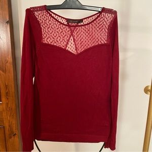 The Limited Red Sweater with Sheer Panel on Top, front & back, Keyhole i…